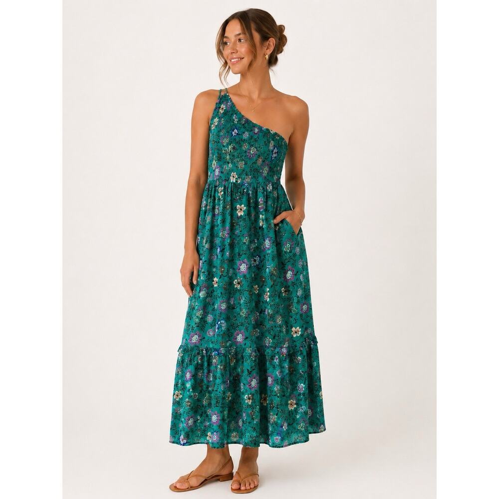 Asymmetrical Floral Dress Small One Shoulder Maxi Tiered Boho Cottage Summer